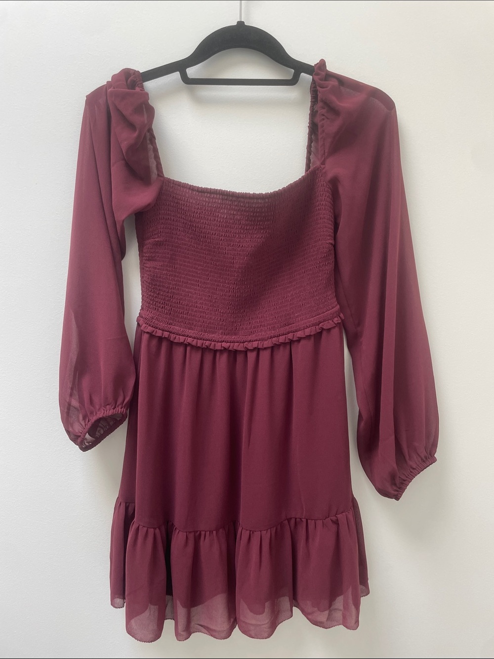 Aritzia Wilfred Tempest Smocked Burgundy Boho Long Sleeve Mini Dress Small